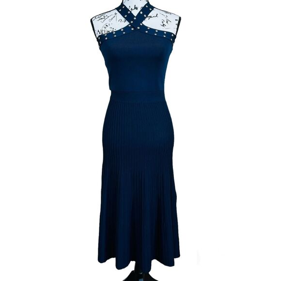 Michael Kors Dark Blue Halter Midi Dress w/ Studded size S chic baddie romantic - Picture 1 of 16